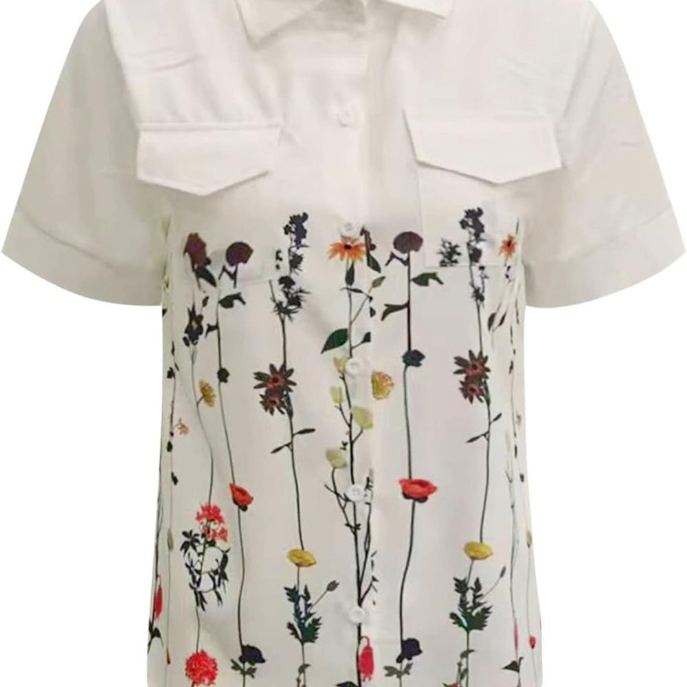 White Button Down Shirt with Floral Design Polo Collar and Tie Front - Picture 3 of 3